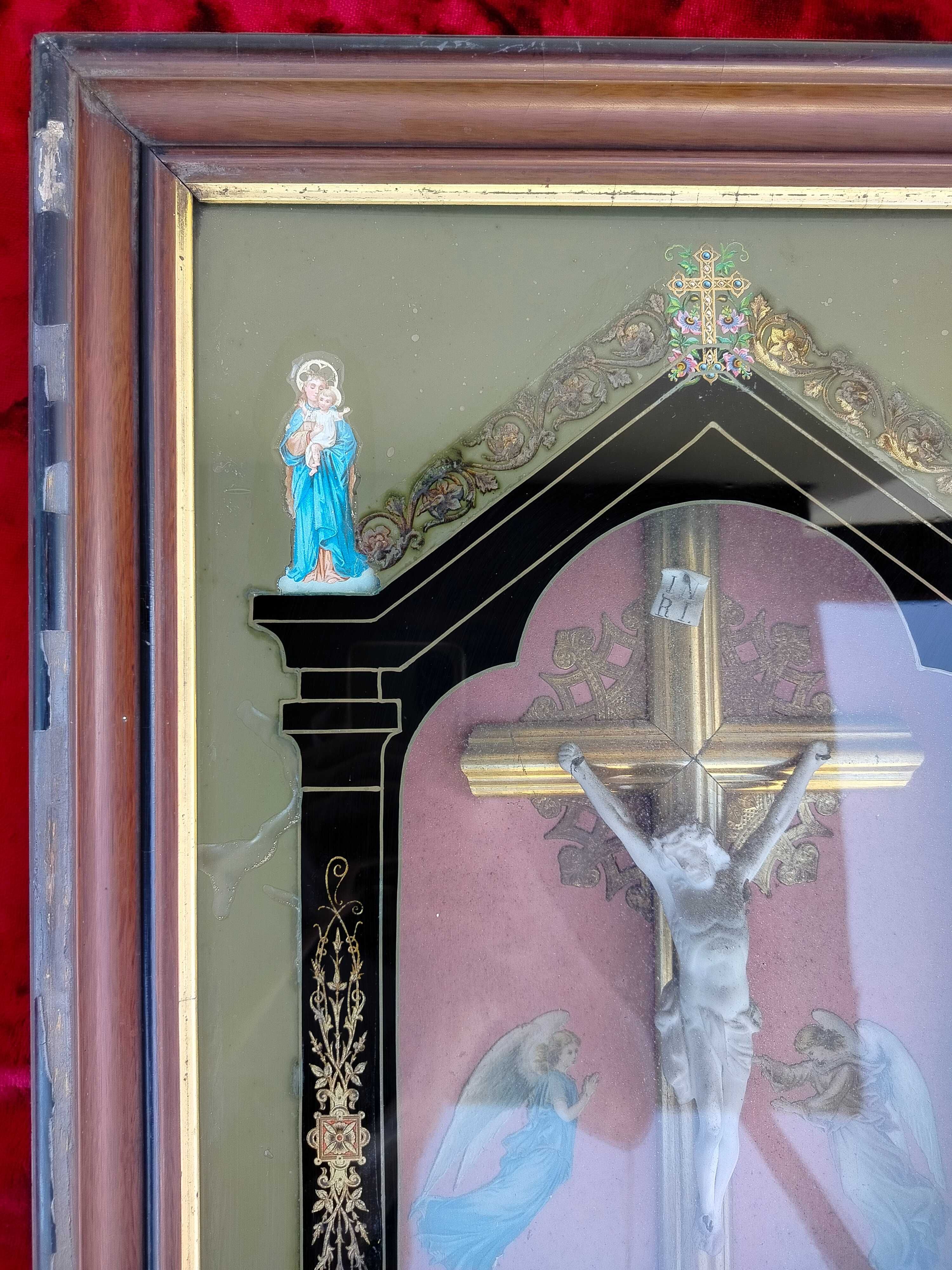 Stary unikatowy obraz kapliczka religijny z krzyżem