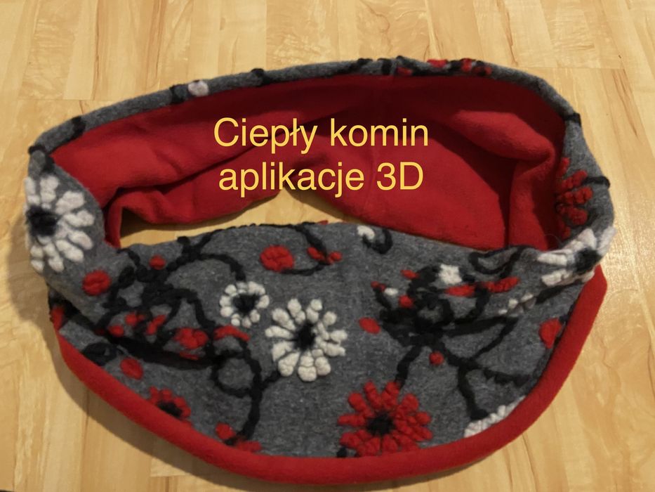 Ciepły komin szal czerwony szary aplikacje 3D ciepły zima Vintage dams