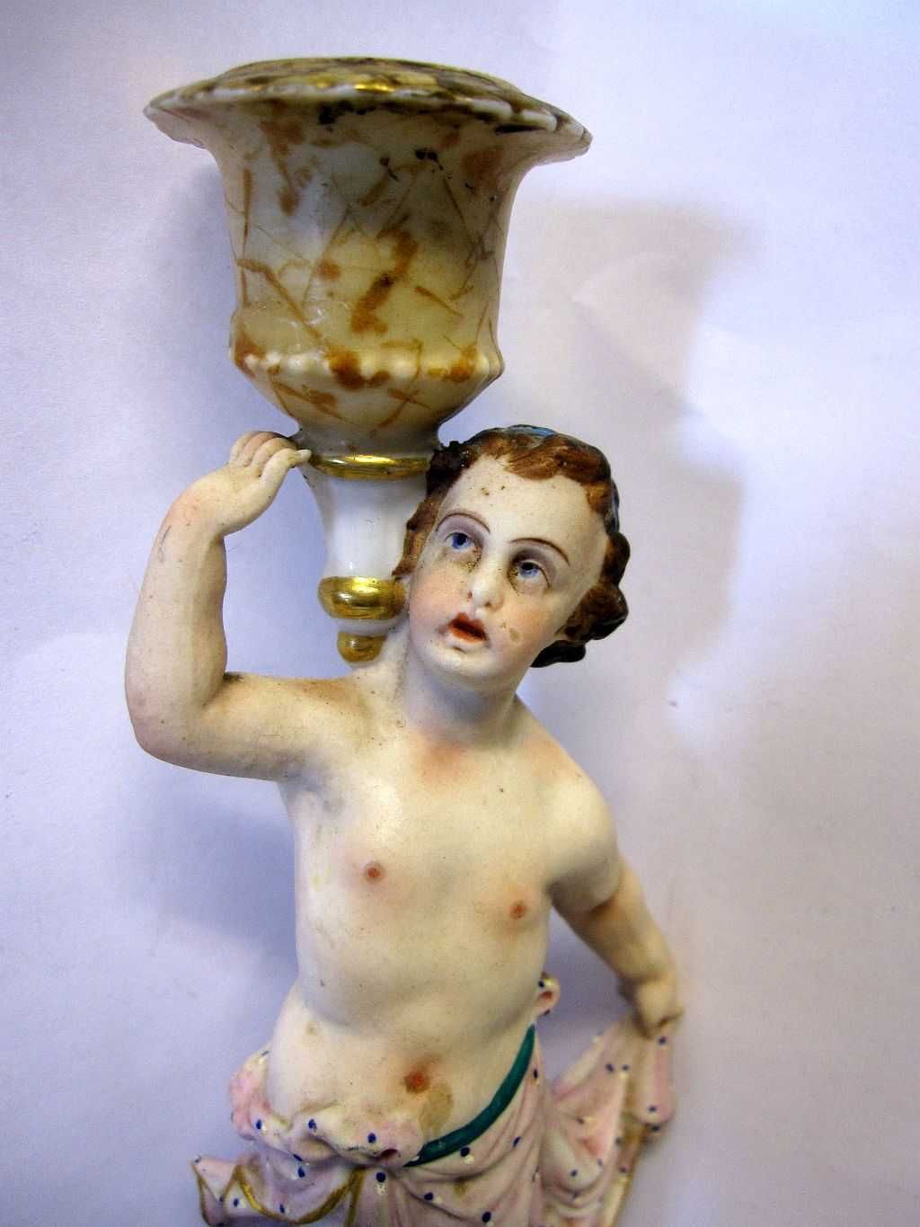 lindo antigo castiçal figurativo em porcelana francesa pintada à mão