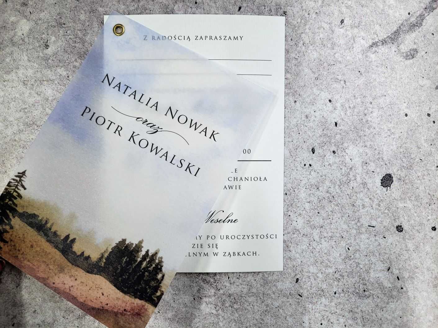 Zaproszenia ślubne z kalką krajobrazy–góry, lasy–papier len
