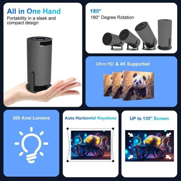 Портативный смарт-проектор 4K Ultra HD SMART, Wi-Fi 6, Bluetooth, HDMI