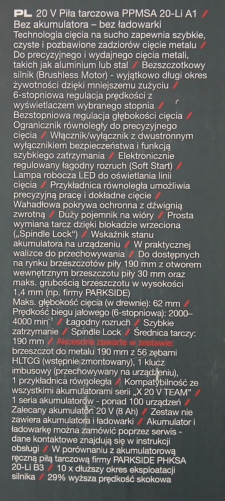 Piła Tarczowa Parkside Performance PPMSA 20-Li A1