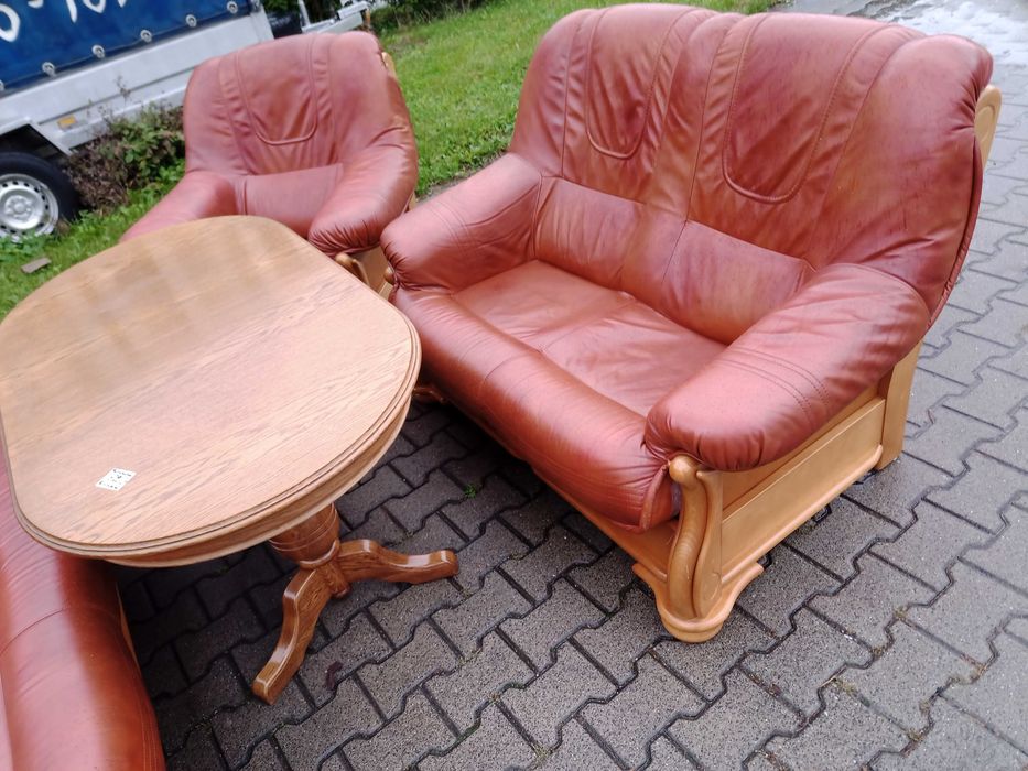 Komplet FLORYDA 3+2+1 i Ława Rozkładana i Podnoszona , Dąb -Skóra Brąz