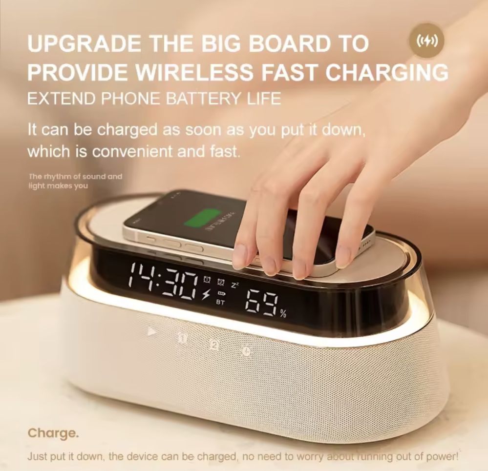 Bluetooth колонка с беспроводной зарядкой 15W ночником часы FM