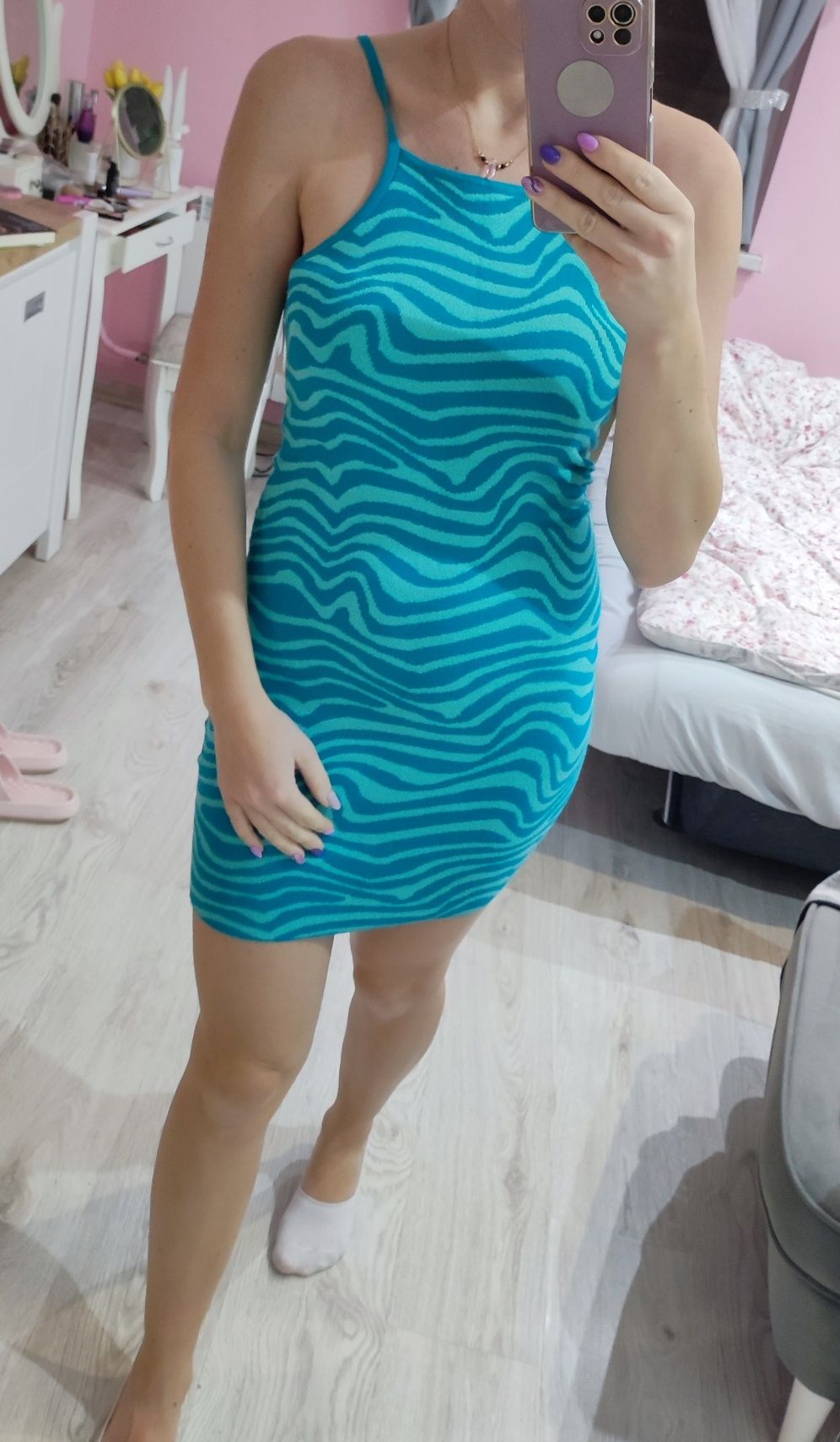 Sukienka sweterkowa niebieska turkusowa zebra missguided XS/S obcisła