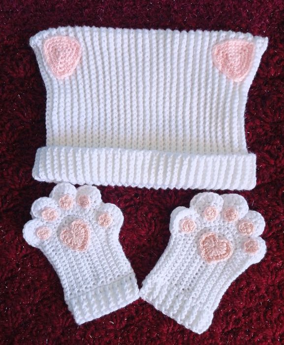 Gorro e luvas gatinho
