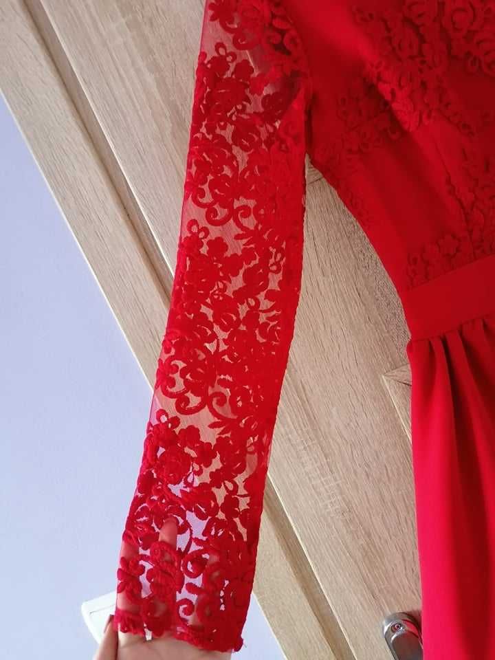 Czerwona balowa wizytowa sukienka z koronką i falbanami, 36, duet a&m