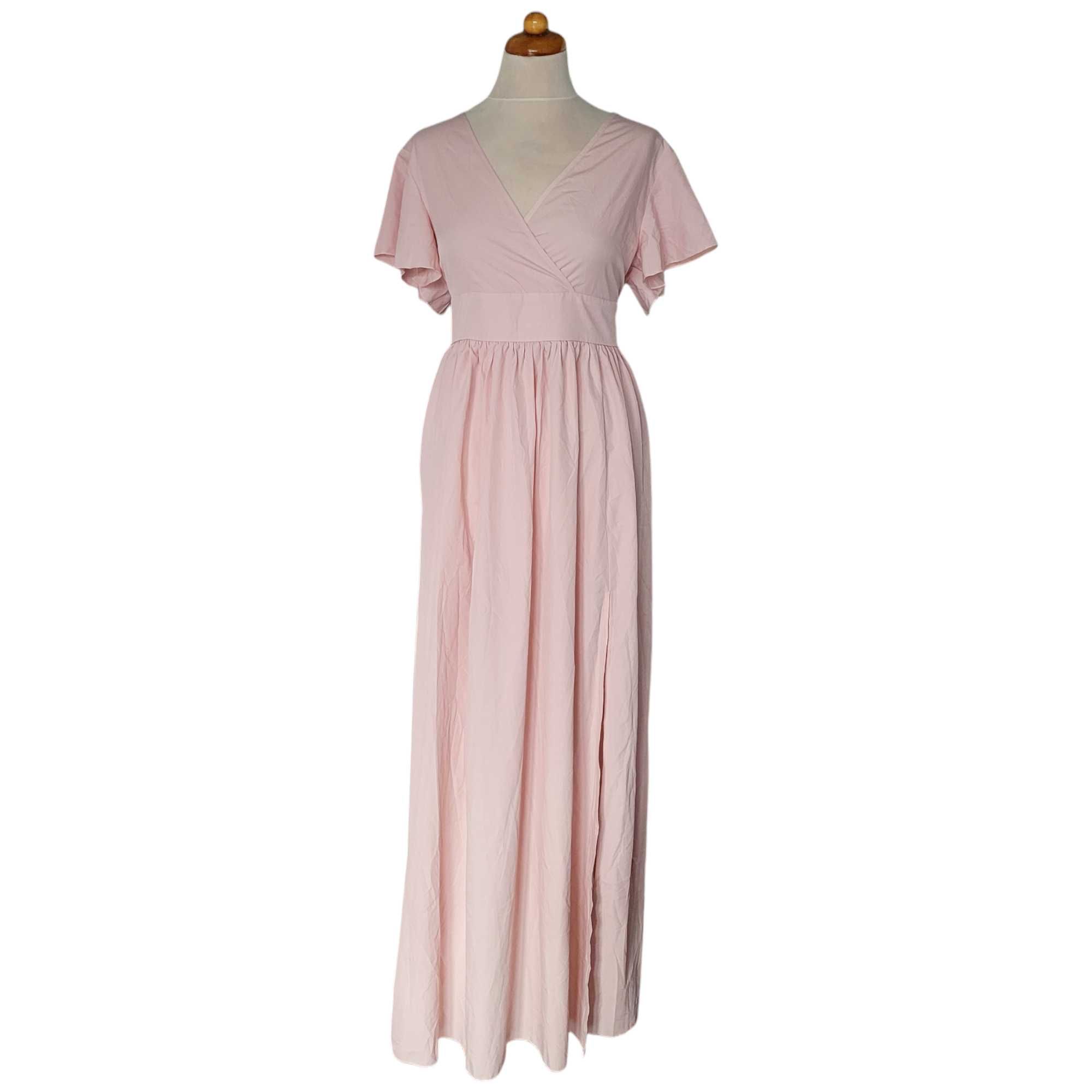 Różowa długa sukienka kopertowa L odcinana w pasie rozkloszowana maxi