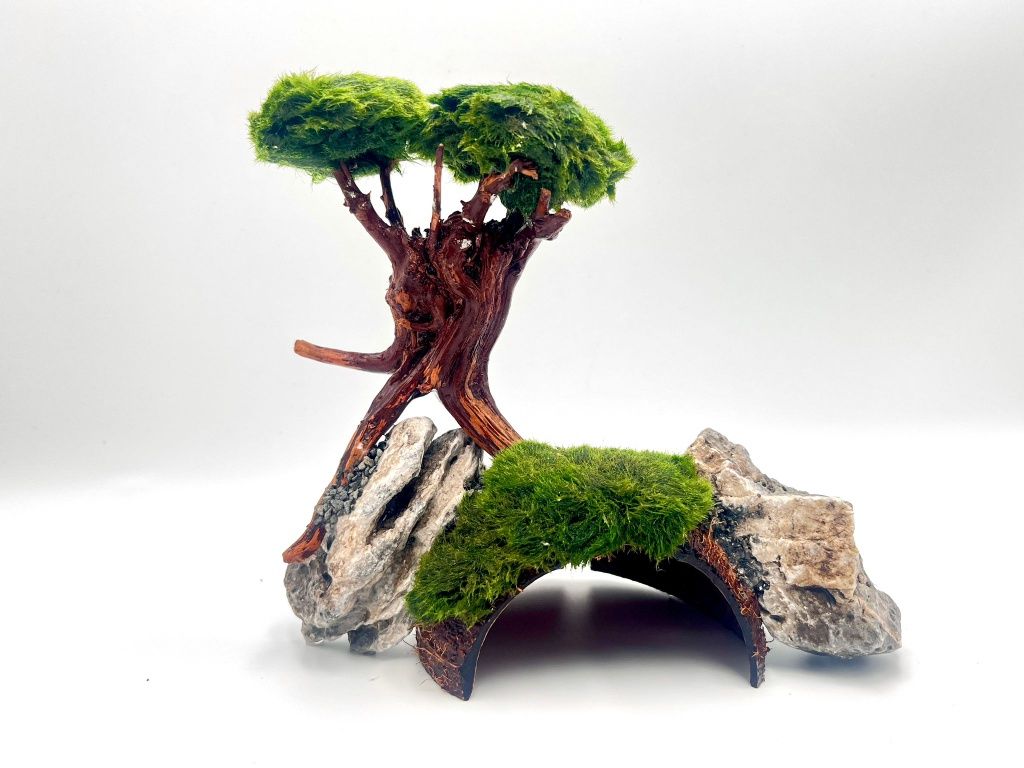 Piękna Ozdoba Aranżacja do Akwarium Drzewko Bonsai z Grotą