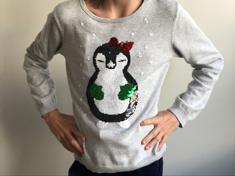 H&M Nowy sweter z cekinami z pingwinkiem 134/140