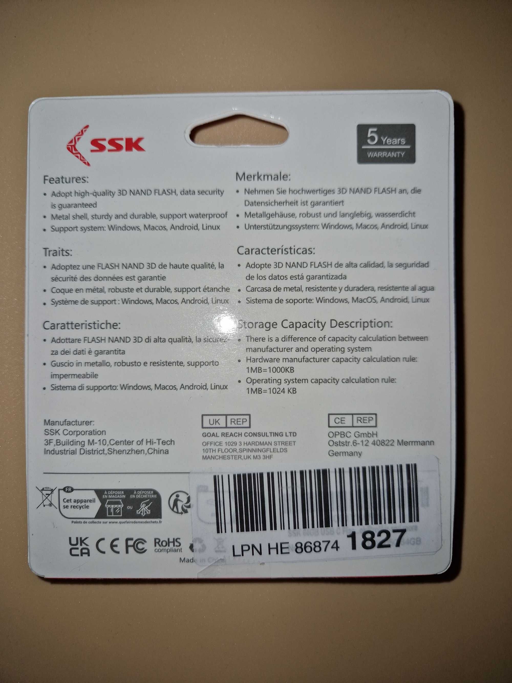 Pendrive SSK 64GB Metalowy 2 w 1 USB-C + USB 3.2