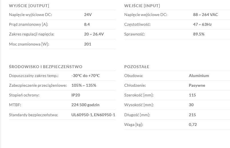 Mean Well RSP-200-24 Zasilacz impulsowy 200W 24V 8.4A