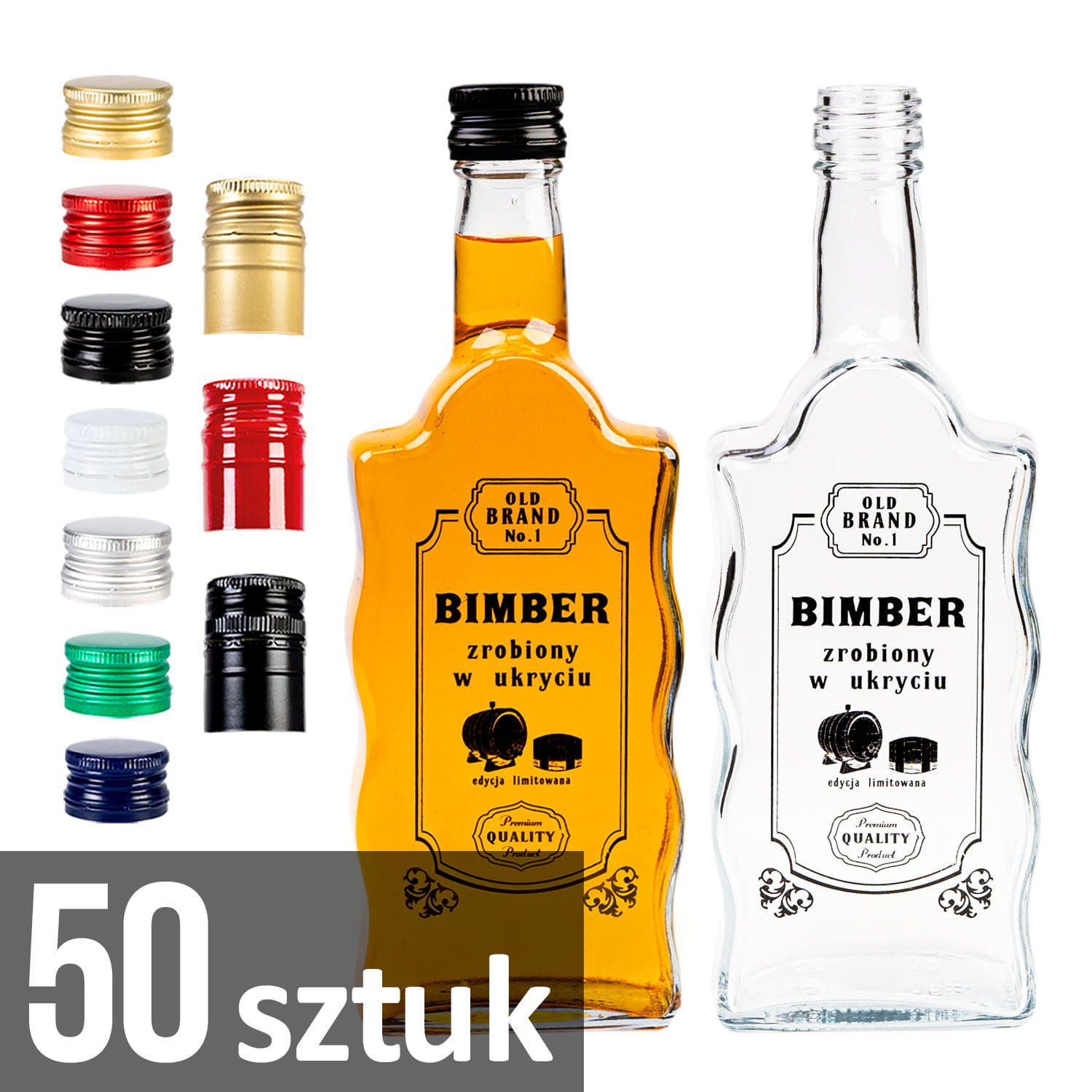 50x butelka FALA 500 ml z nadrukiem BECZKA z zakrętką na bimber wesele