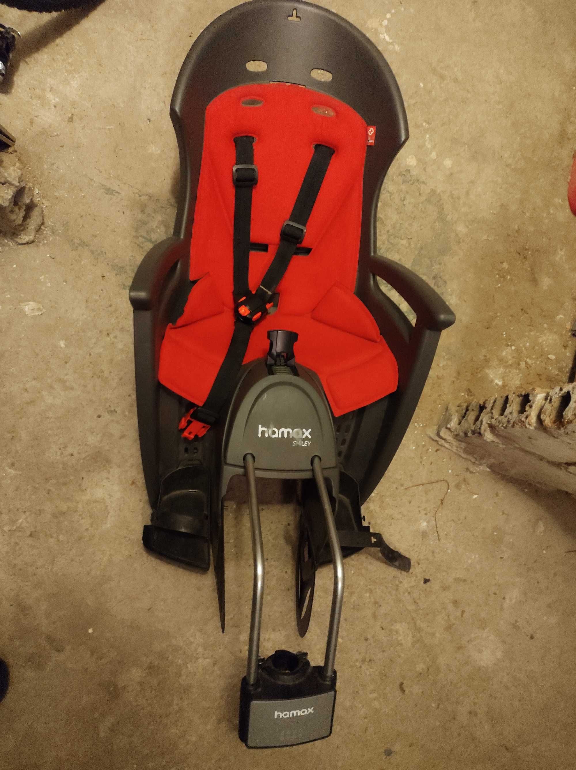 Fotelik rowerowy dziecięcy Hamax Smiley szaro-czerwony+adapter na ramę