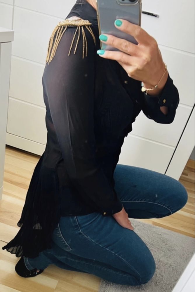 Carla Giannini Koszula Czarna Złote Pagony Bluzka s/m WŁOSKA