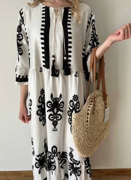Sukienka długa maxi czarna biała boho lniana bawełna oversize XL