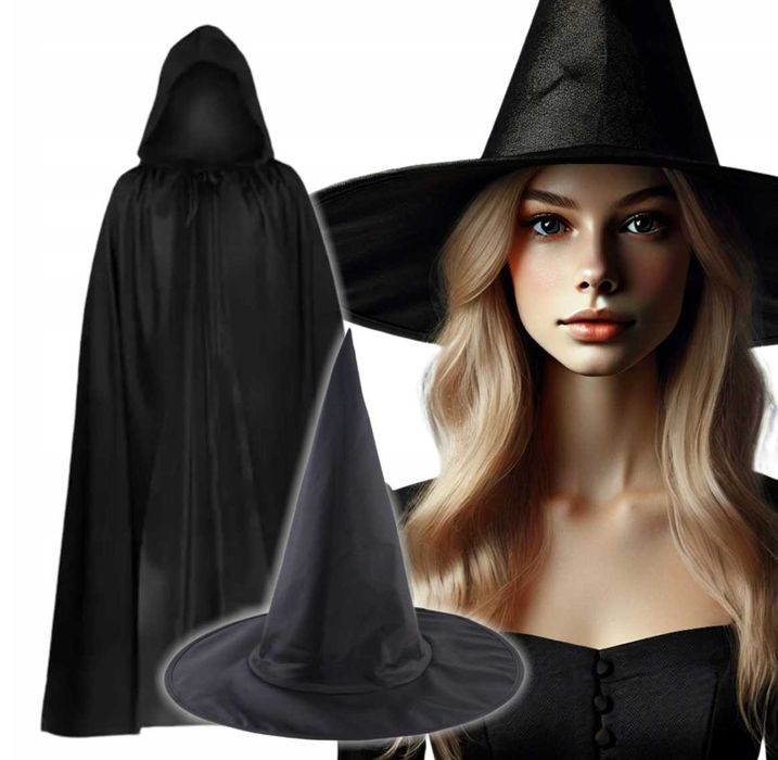 Kostium Halloween Peleryna Kapelusz Strój Przebranie Czarownica
