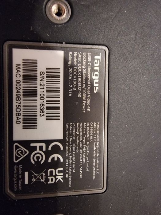 Stacja dokująca Targus model : USB-C Universal Dual Video 4K DOCK190EU