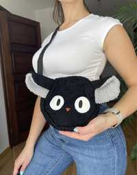 Czarna mała okrągła torebka damska na ramię listonoszka kot z uszami