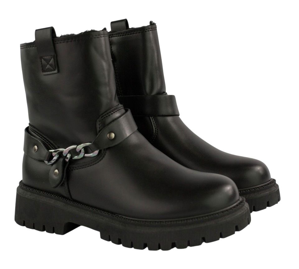 Buty damskie botki r.39 bikery krótkie ocieplane z futerkiem łańcuch