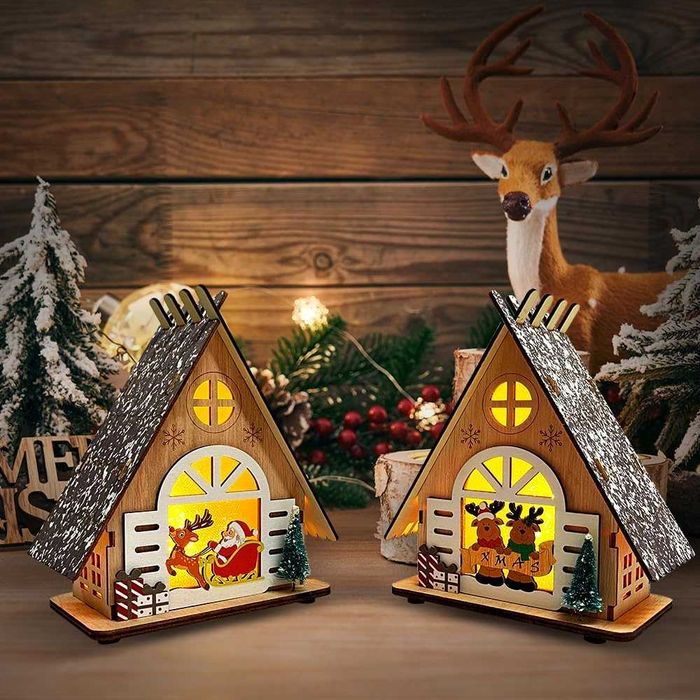 Drewniane Domki Chatki Świąteczne LED Zestaw 2 szt. na Boże Narodzenie