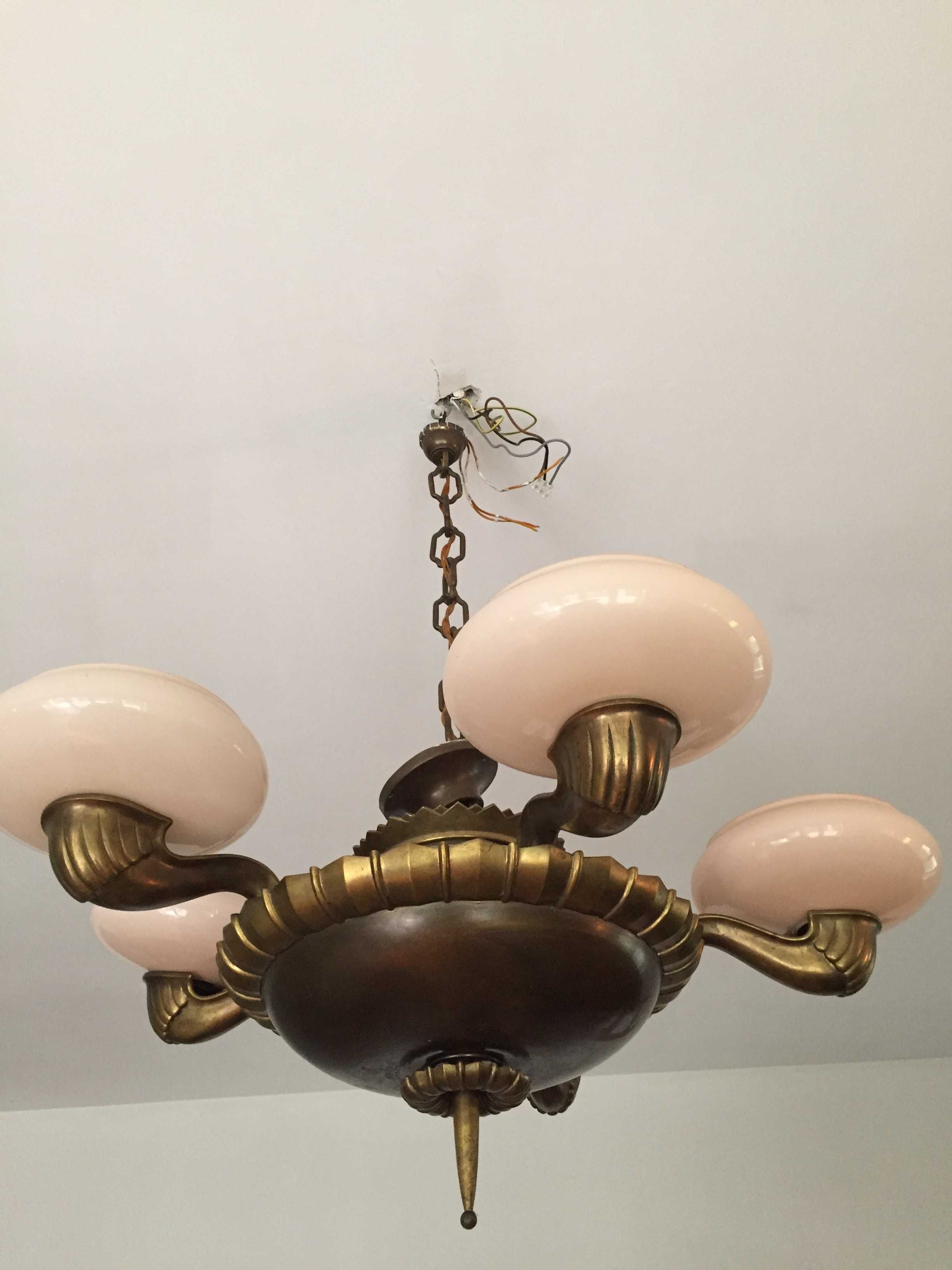 Stara lampa mosiężny żyrandol SECESJA 5-ramienny różowy klosz