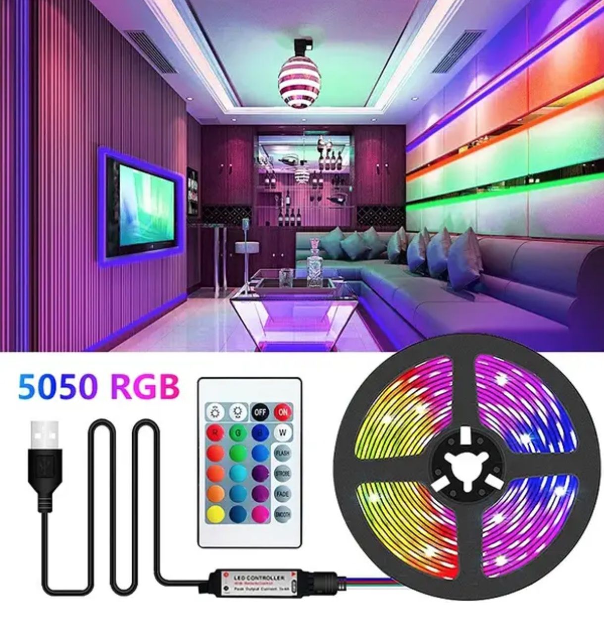 Світлодіодна LED стрічка RGB 5050 з Bluetooth-додатком, 1 і 2 метри