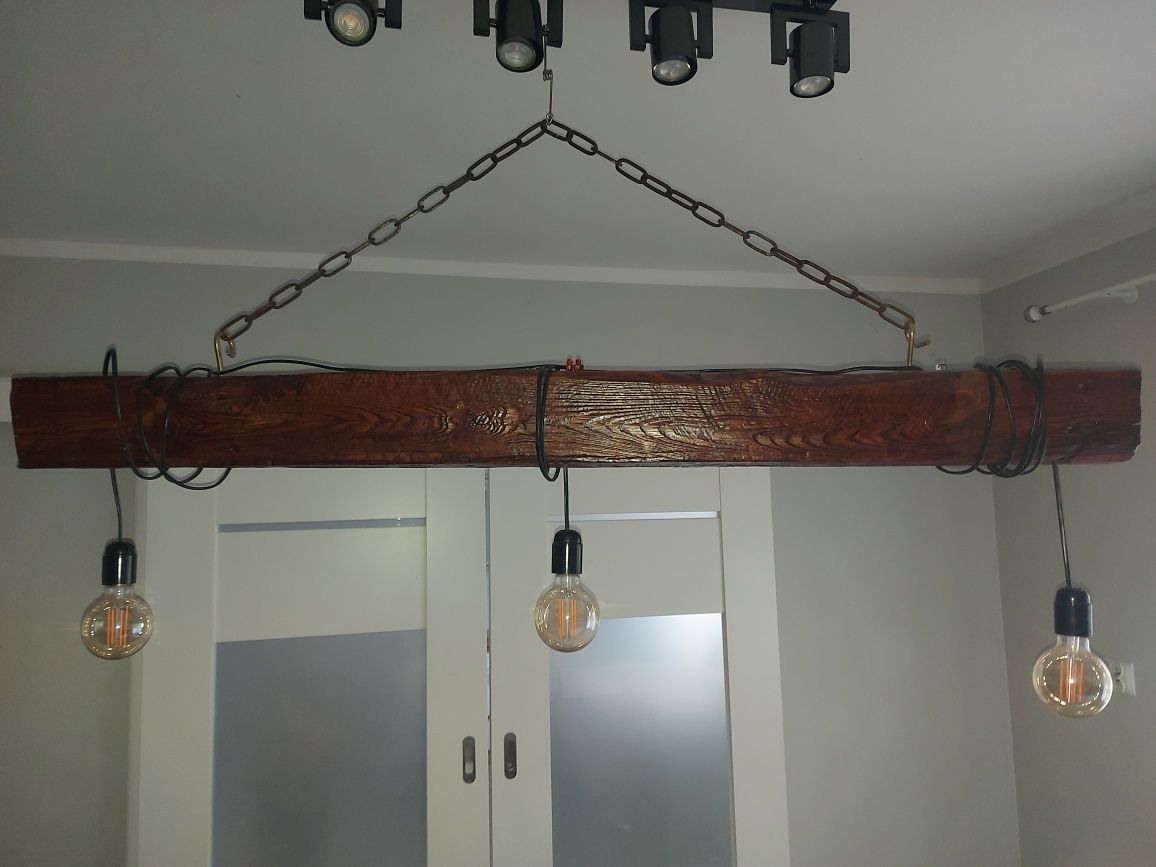 Lampa wisząca 135cm postarzane drewno belka 12cmx8cm