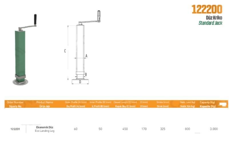 Stopa podporowa 0,8/3 Ton do przyczepy jednoosiowej, skok 350mm