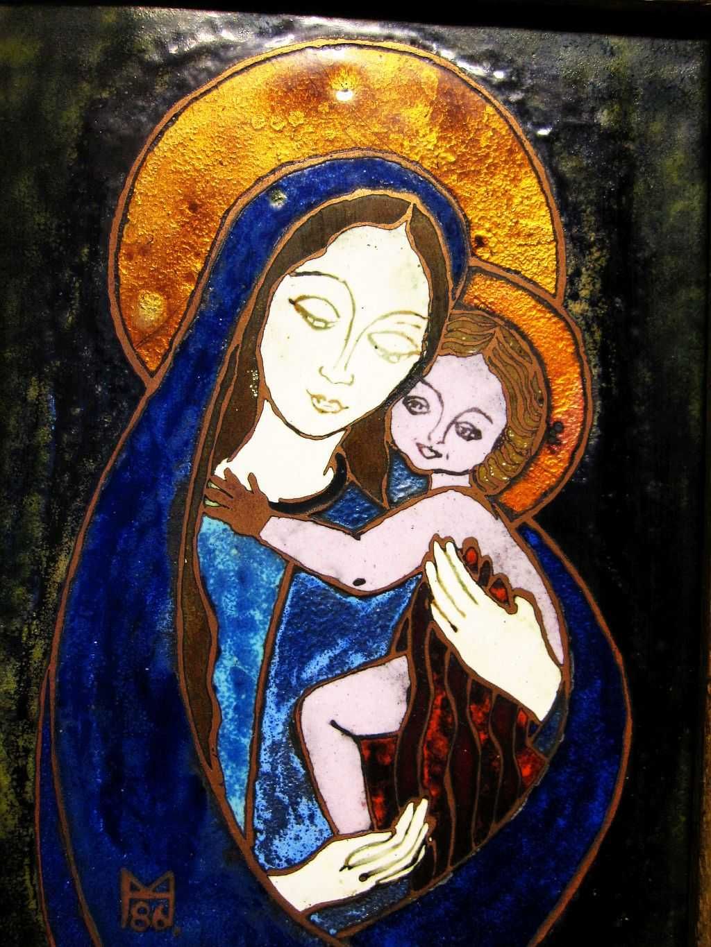 Pintura religiosa esmaltada - Nossa Senhora com o Menino - assinada