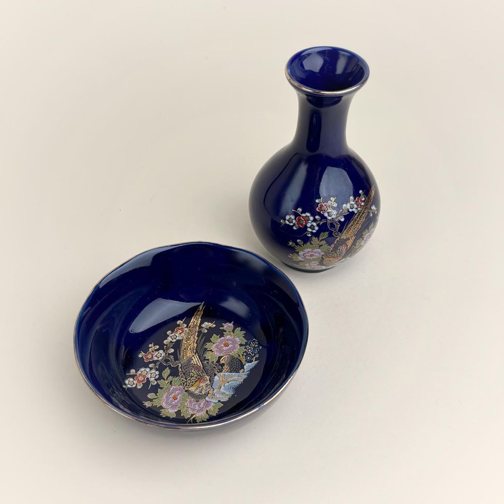 japoński duet miseczka oraz wazon, porcelana kobaltowa z pawiem, złoco