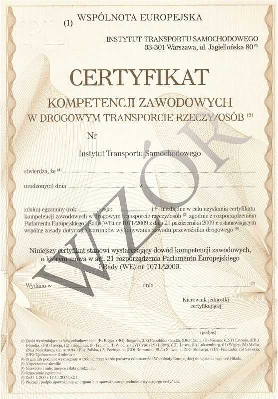 Certyfikat kompetencji w przewozie rzeczy, także na busy do 3,5t.