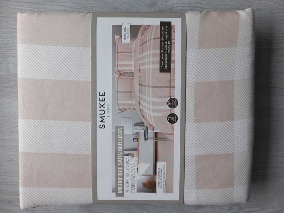 Smukee pościel satynowa z mikrowłókna 160x200cm  bezowa w kratę