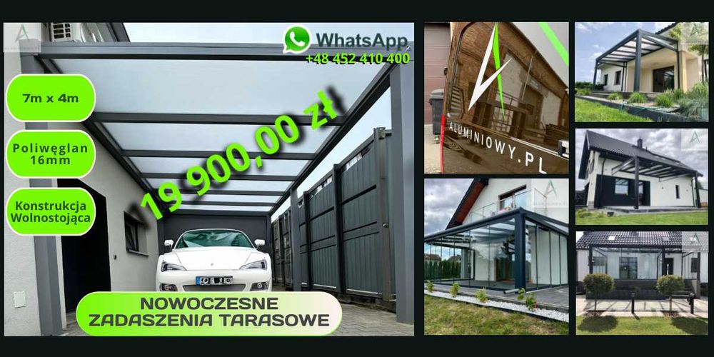 Aluminiowe Zadaszenie pod Samochód 7m x 4m z poliwęglanem 16mm