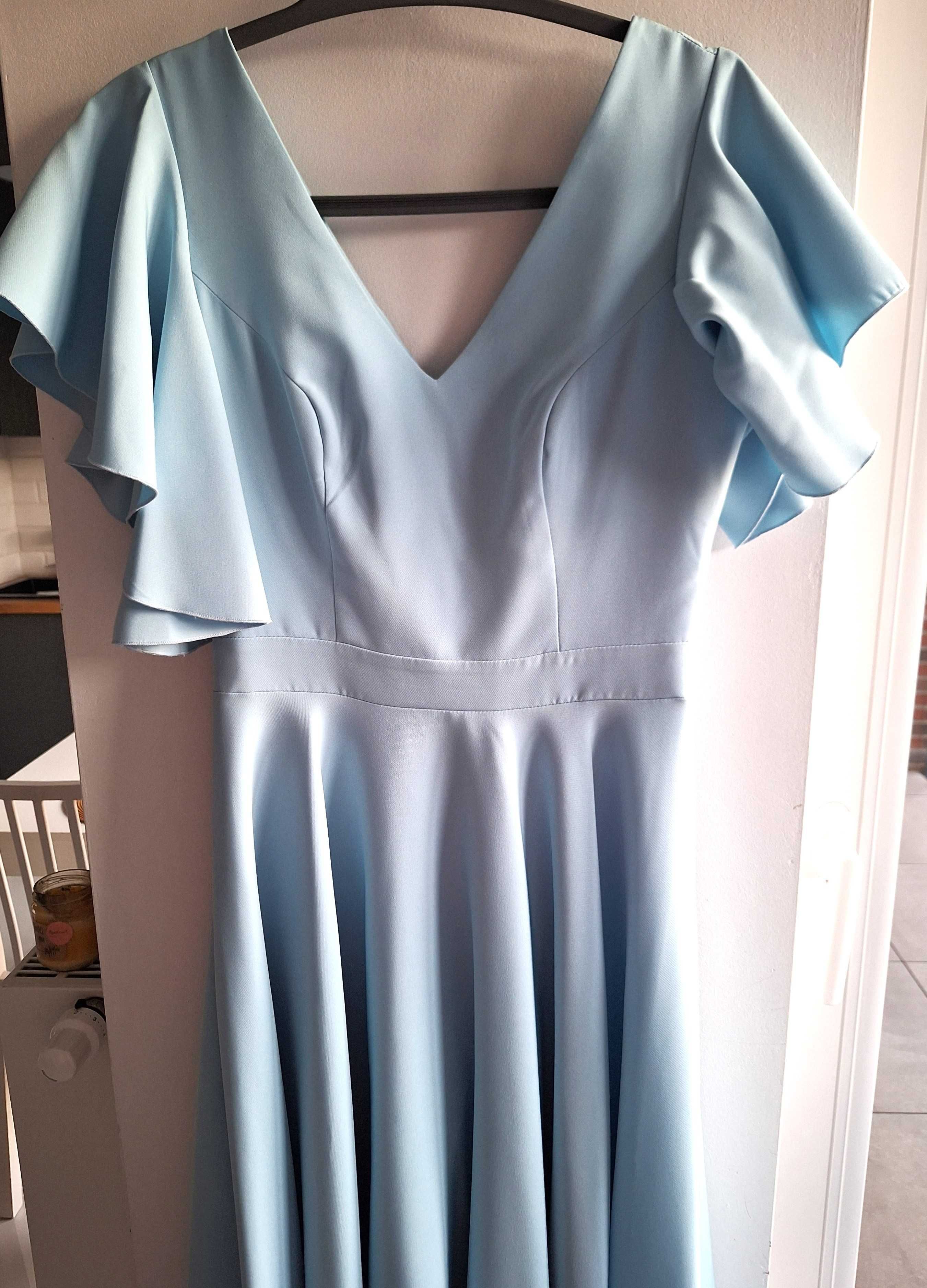 Błękitna elegancka rozkloszowana sukienka r.36