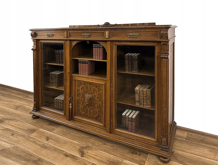 WITRYNA BIBLIOTEKA podręczna rzeźbiona ANTYK XIX w. SZAFA 3 szuflady