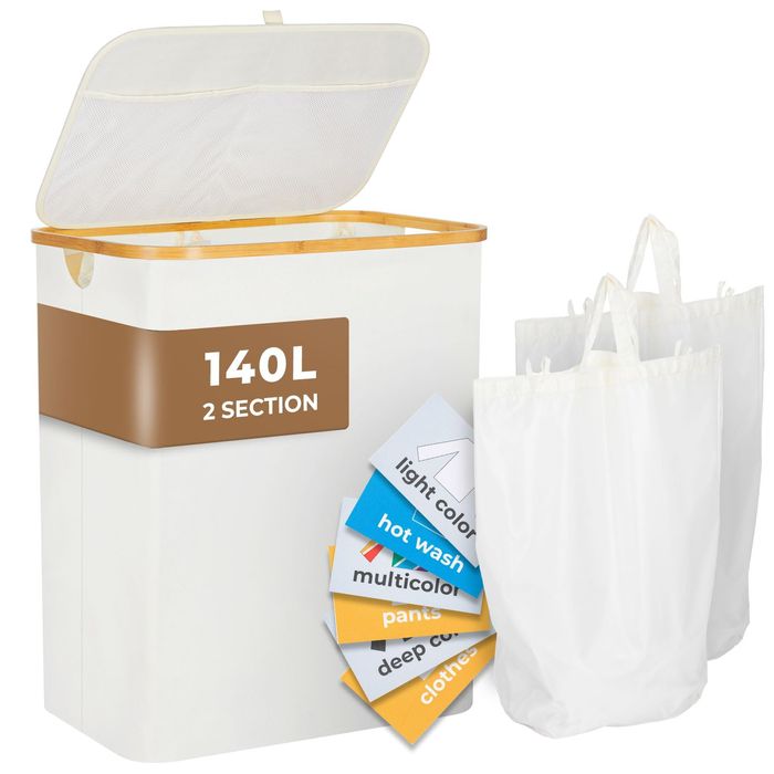 yamagahome Podwójny kosz na pranie z pokrywką, 140 l, 2 sekcje z wyjmo