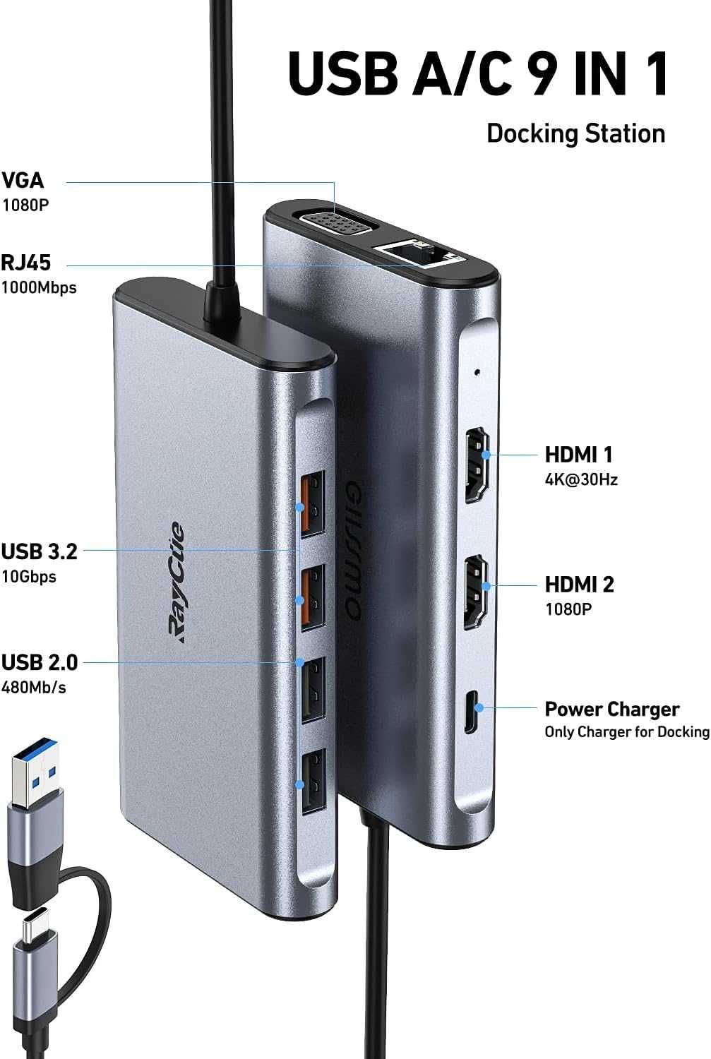 RayCue HUB USB 9w1 USB A3.0/USB C 2xHDMI,VGA,10 Gb/s USB3.1 i Ethernet