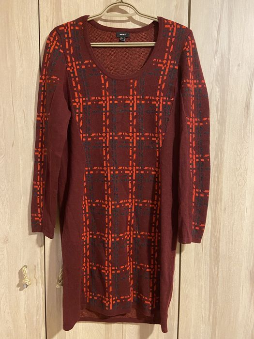 Mexx rozm L bordowa sukienka bawełna wełna długi rękaw ciepła Vintage