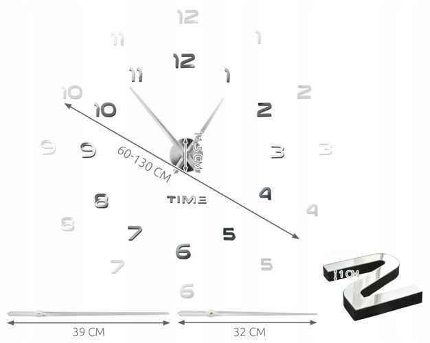 NOWY Zegar Ścienny 3D Naklejany Lustro Duży DIY Efekt Dekoracja XL