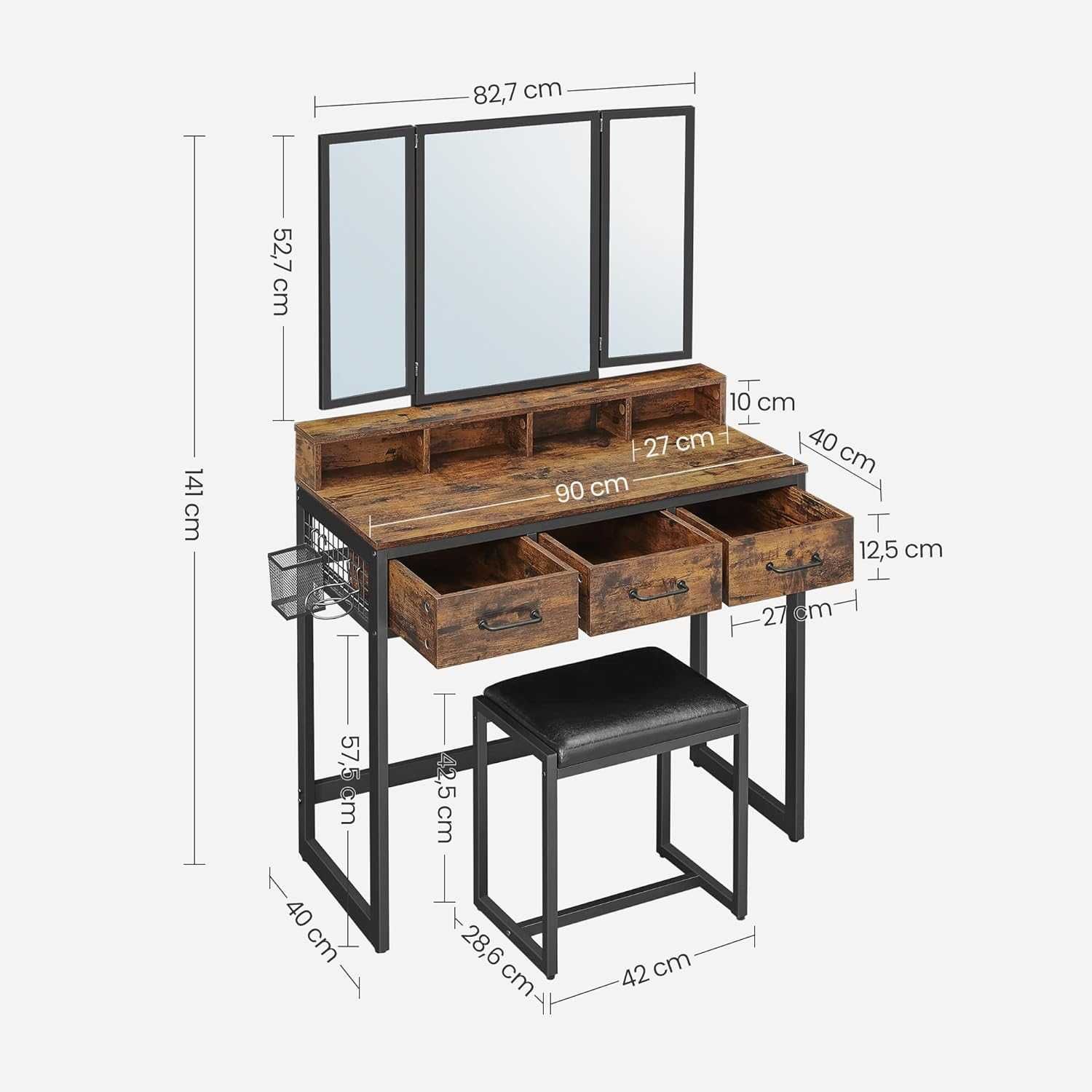 DUŻA Toaletka z potrójnym lustrem 3 szuflady STOŁEK LOFT drewno metal