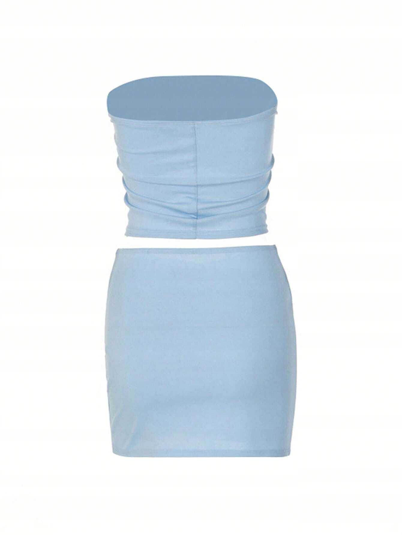 Komplet Sexy Top Crop Tuba + Spódniczka Ołówkowa Mini Niebieski S 36