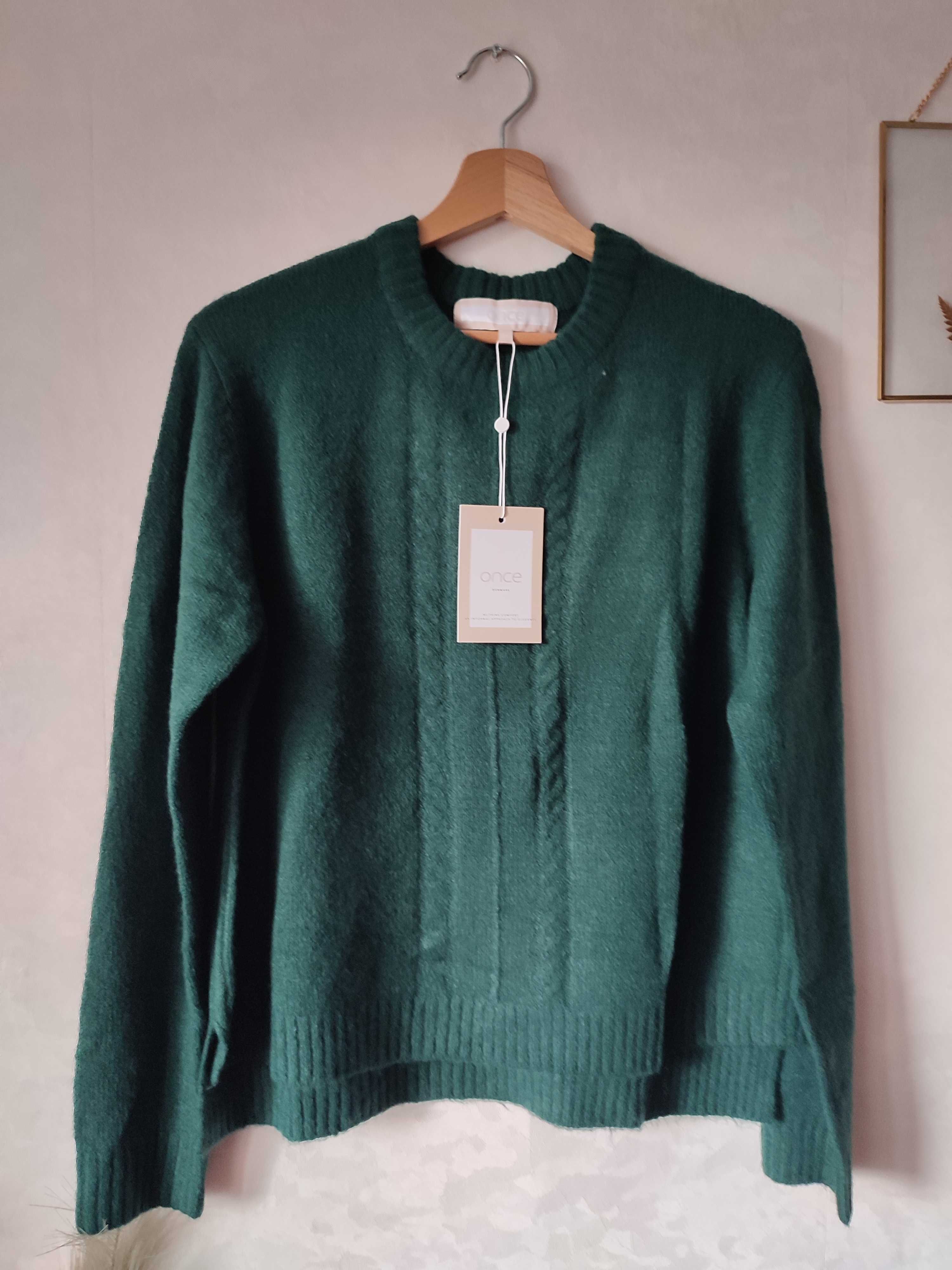Zielony sweterek damski Once M długi rękaw warkocze