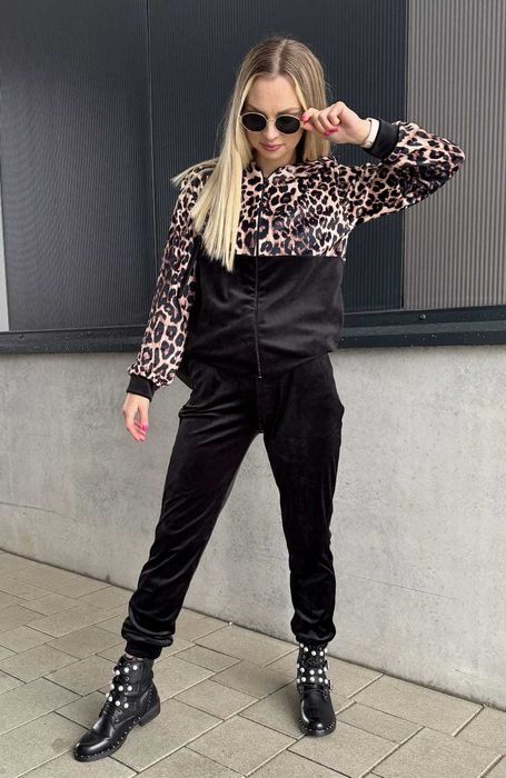 Dresy damskie welurowe w panterkę spodnie + bluza czarne r.S wys.24h