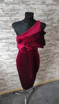 Asymetryczna welurowa, gładka sukienka midi S