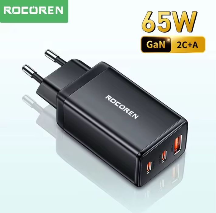 Зарядний пристрій Rocoren GaN 65W (2xType-C + USB-A) ноутбук повербанк