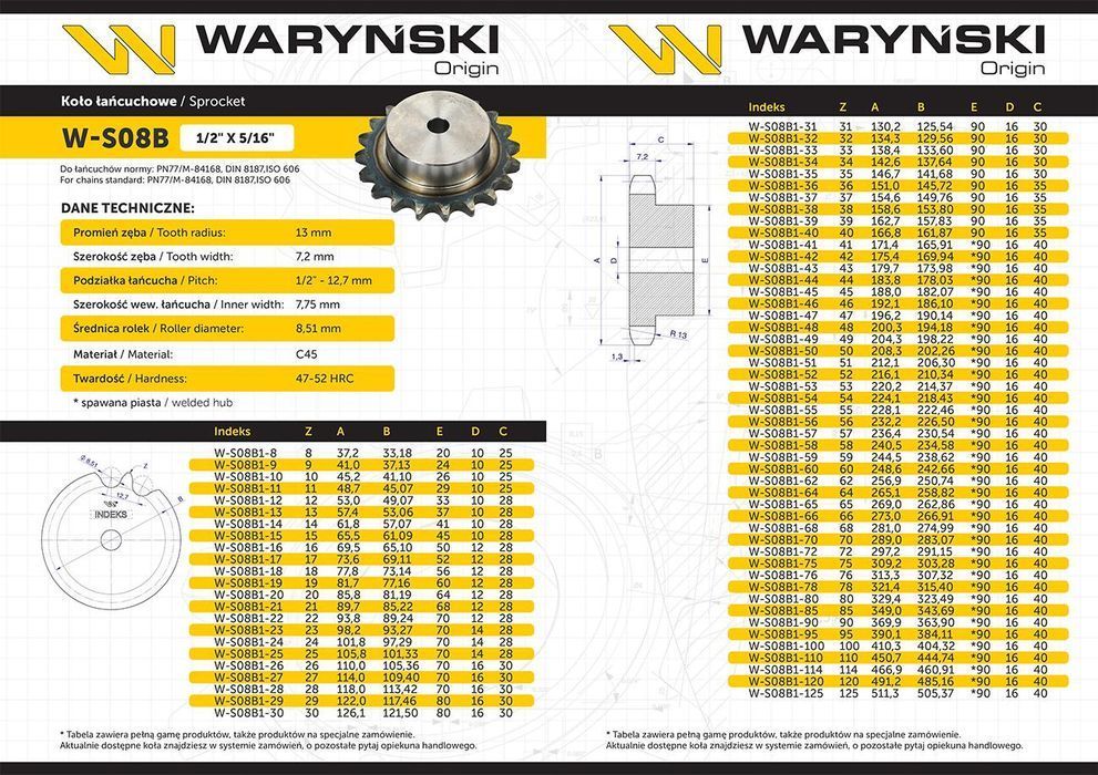 Koło zębate hartowane z kołnierzem 08B-1 (R1 1/2) Z-28 Waryński