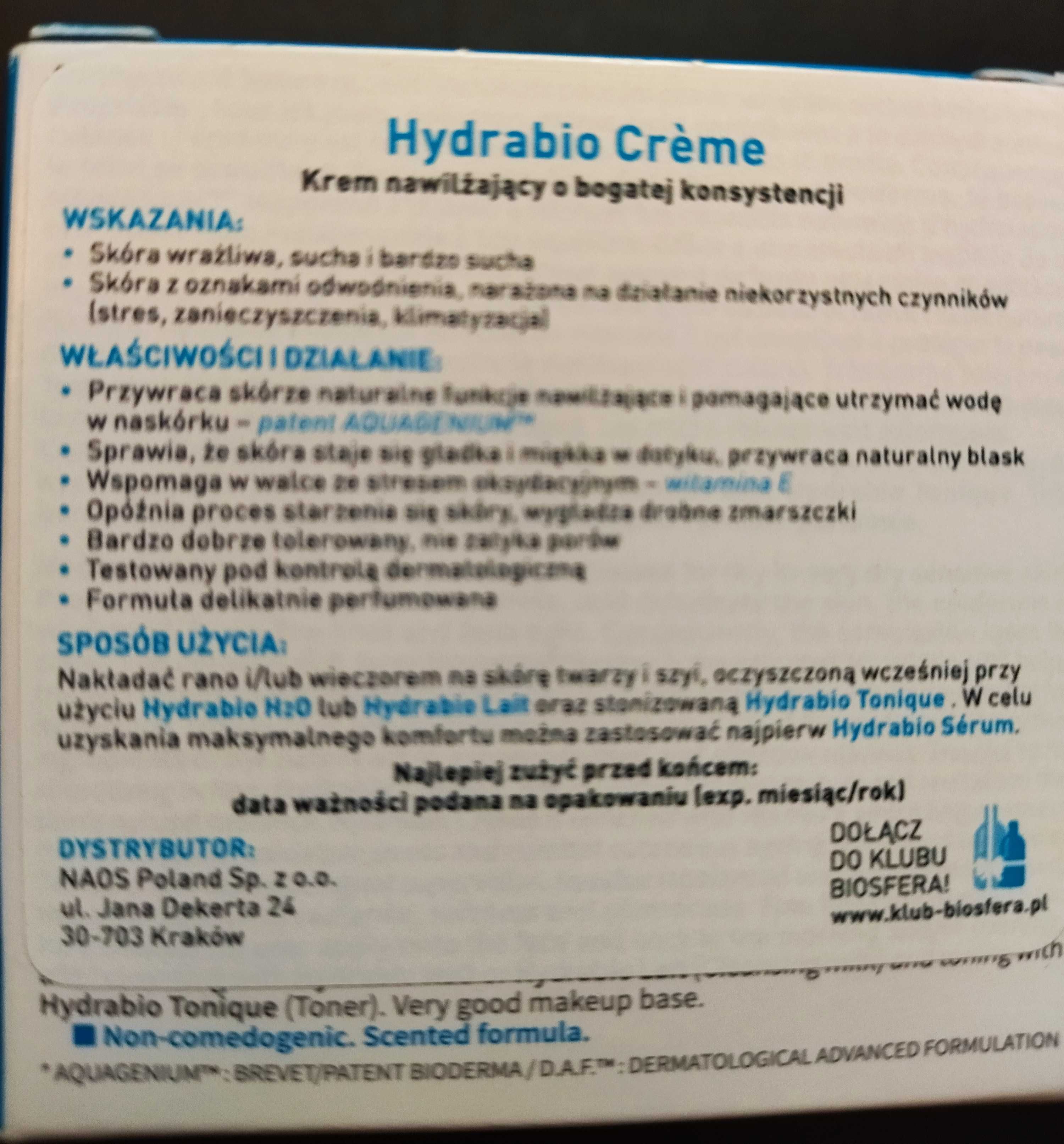 Bioderma Hydrabio Creme Krem skóra wrażliwa sucha i bardzo sucha 50ml