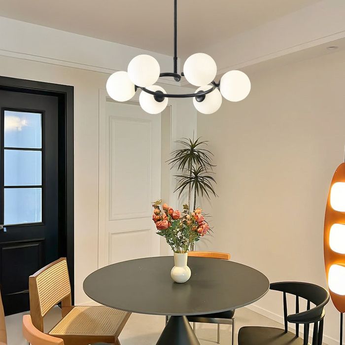 Lampa sufitowa skandynawska – żyrandol 6-ramienny, szkło i metal