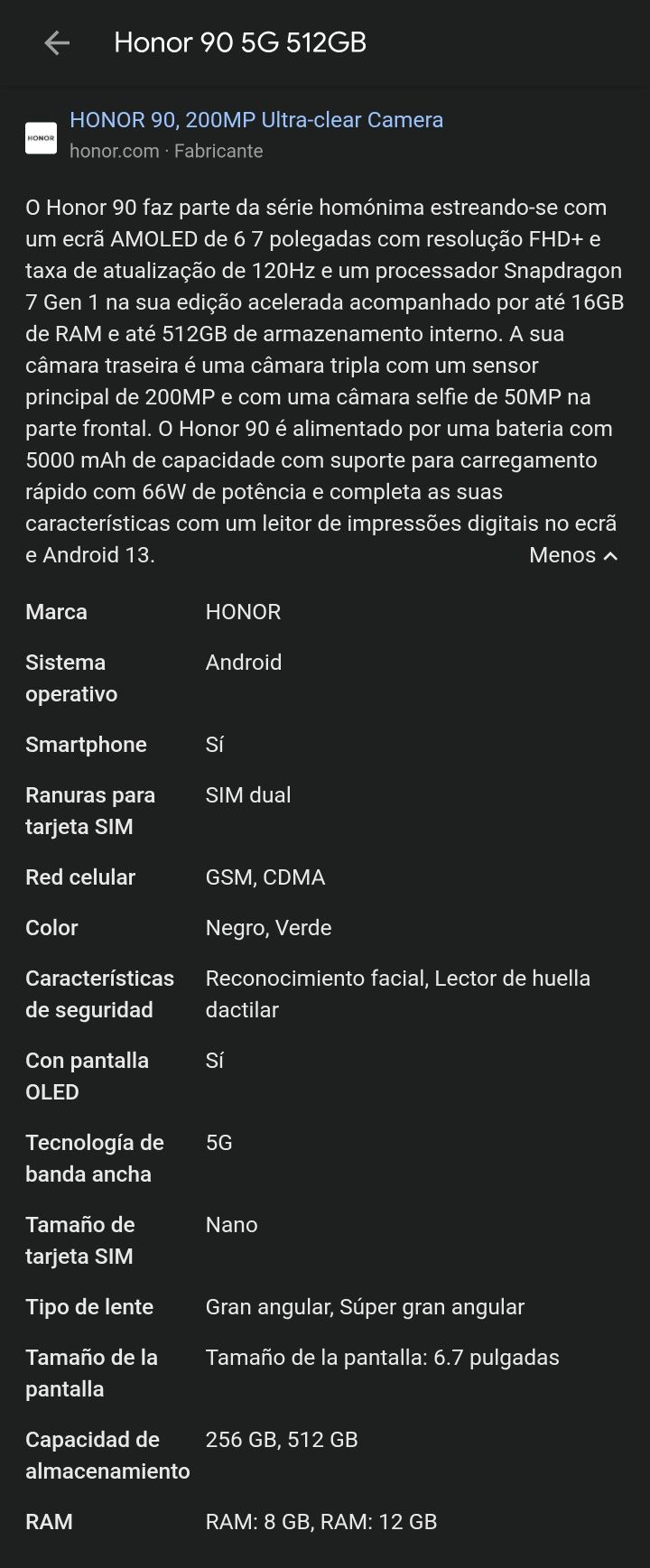Telemóvel HONOR 90 5G 512gb/12gb